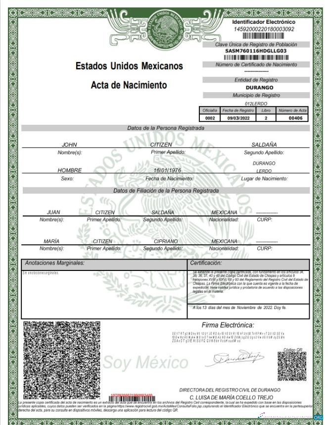 Download Mexico birth certificate Word and PDF template, version 2 Photoshop template